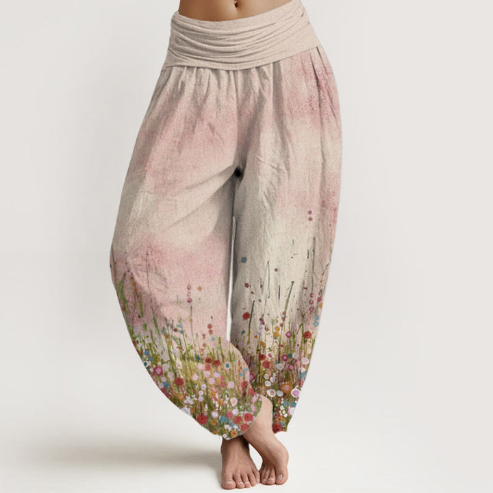 Pantalon Buddha Stones décontracté en pur coton avec motif de fleurs sauvages colorées et taille élastique pour femme