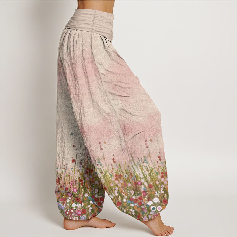 Pantalon Buddha Stones décontracté en pur coton avec motif de fleurs sauvages colorées et taille élastique pour femme
