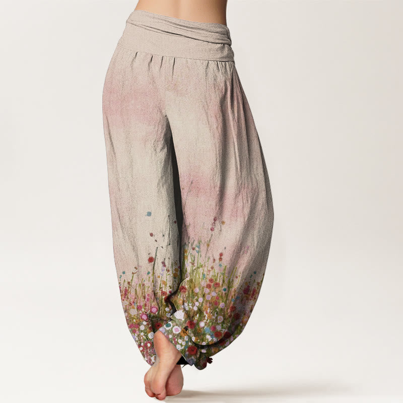 Pantalon Buddha Stones décontracté en pur coton avec motif de fleurs sauvages colorées et taille élastique pour femme