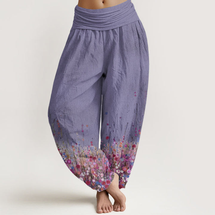 Pantalon Buddha Stones décontracté en pur coton avec motif de fleurs sauvages colorées et taille élastique pour femme