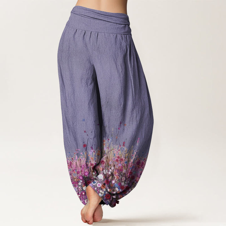 Pantalon Buddha Stones décontracté en pur coton avec motif de fleurs sauvages colorées et taille élastique pour femme