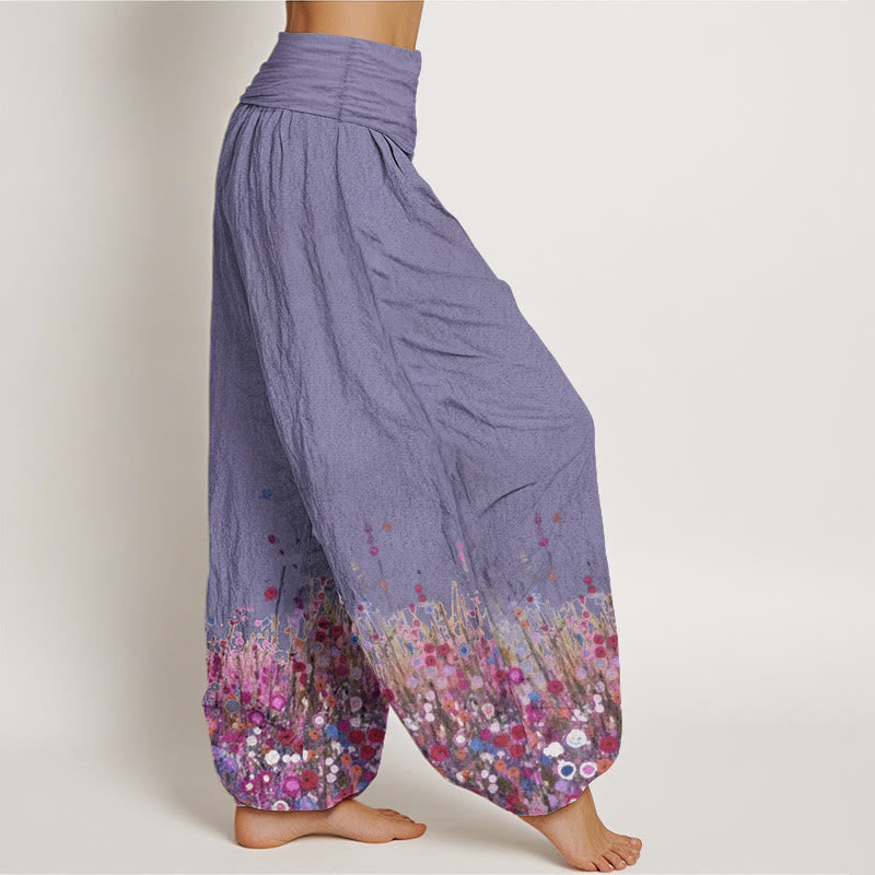 Pantalon Buddha Stones décontracté en pur coton avec motif de fleurs sauvages colorées et taille élastique pour femme