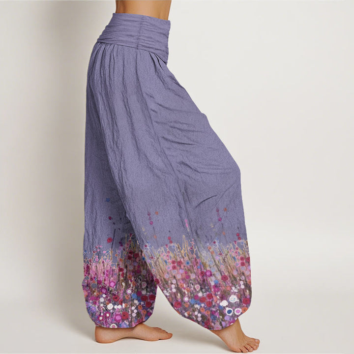 Pantalon Buddha Stones décontracté en pur coton avec motif de fleurs sauvages colorées et taille élastique pour femme