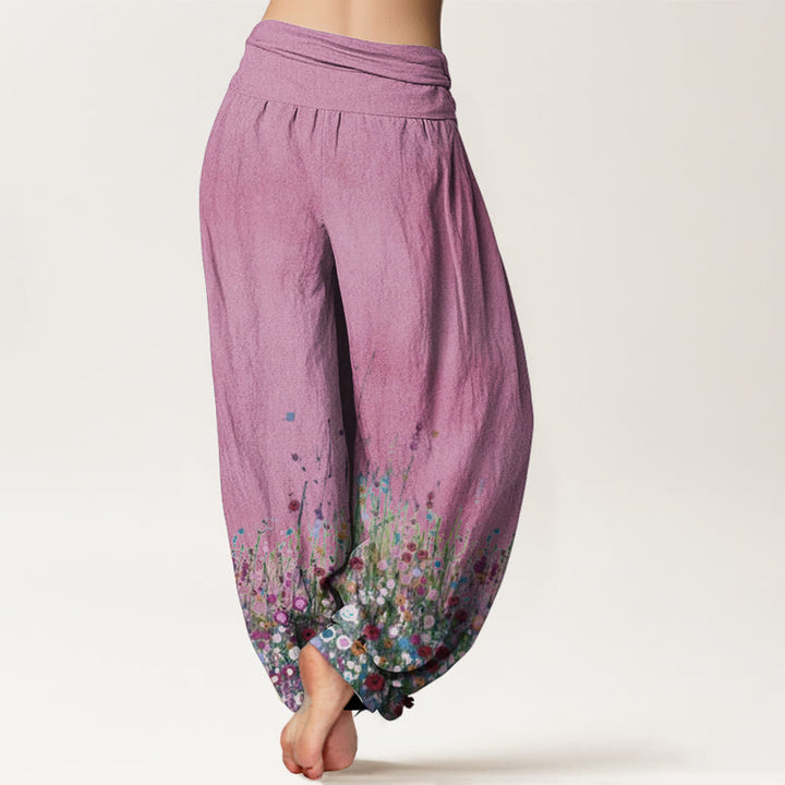 Pantalon Buddha Stones décontracté en pur coton avec motif de fleurs sauvages colorées et taille élastique pour femme