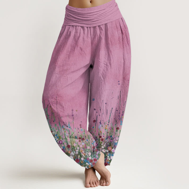 Pantalon Buddha Stones décontracté en pur coton avec motif de fleurs sauvages colorées et taille élastique pour femme