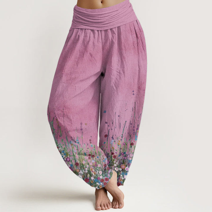 Pantalon Buddha Stones décontracté en pur coton avec motif de fleurs sauvages colorées et taille élastique pour femme