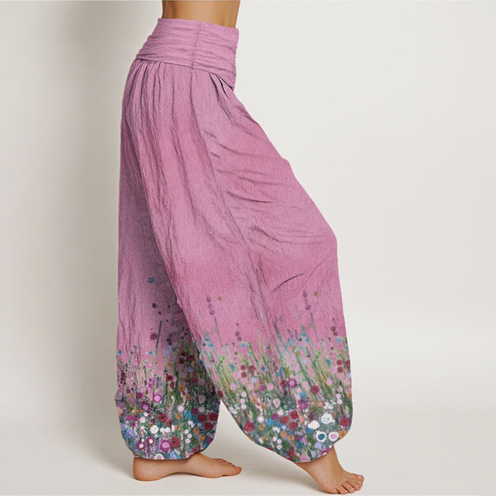 Pantalon Buddha Stones décontracté en pur coton avec motif de fleurs sauvages colorées et taille élastique pour femme