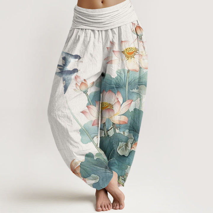 Pantalon harem d'été décontracté en coton à motif étang de lotus et Buddha Stones, taille élastique pour femme - Neige - US22，UK/AU26，EU54 (6XL) - image 0