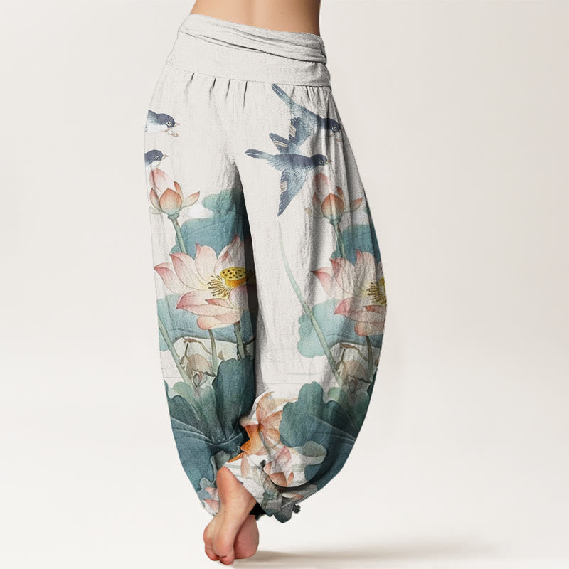 Pantalon harem d'été décontracté en coton à motif étang de lotus et Buddha Stones, taille élastique pour femme - image 2