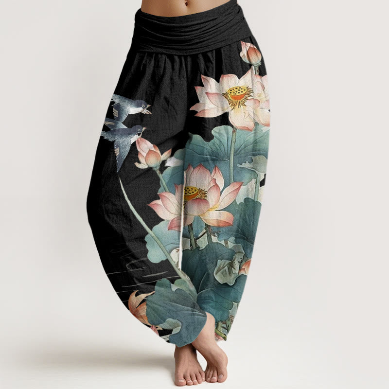 Pantalon sarouel décontracté à taille élastique pour femme, motif étang de lotus , Buddha Stones , été - Noir - US22，UK/AU26，EU54 (6XL) - image 4