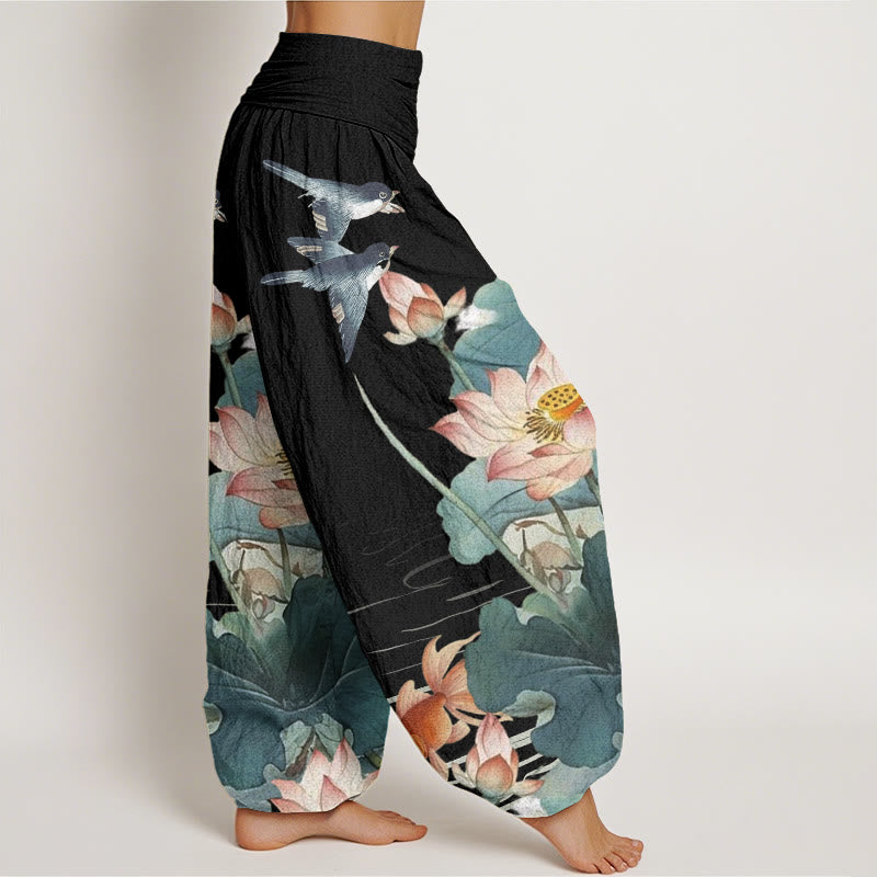 Pantalon harem d'été décontracté en coton à motif étang de lotus et Buddha Stones, taille élastique pour femme - image 5