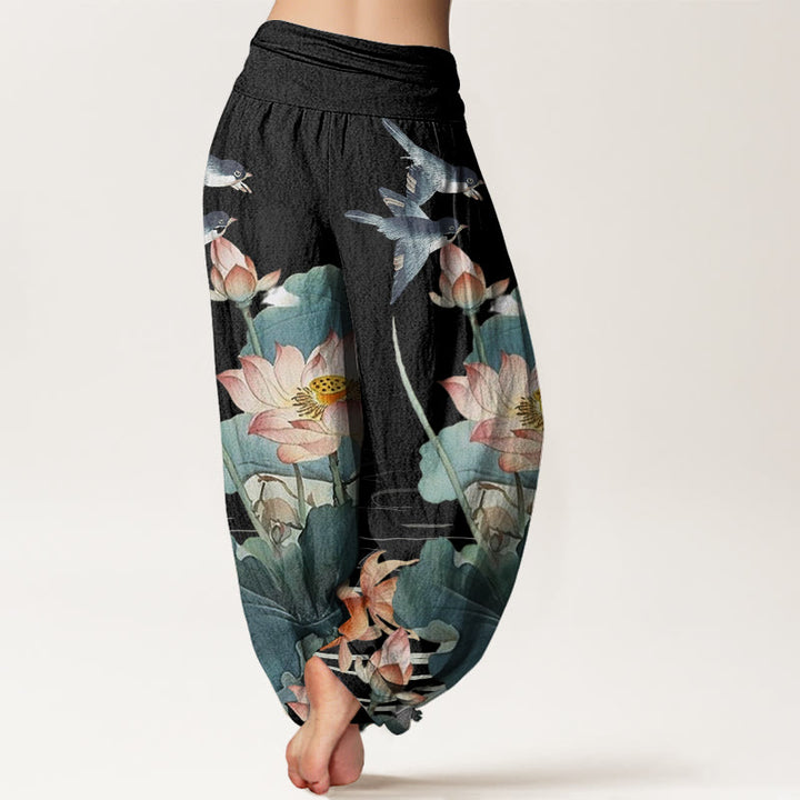 Pantalon harem d'été décontracté en coton à motif étang de lotus et Buddha Stones, taille élastique pour femme - image 6