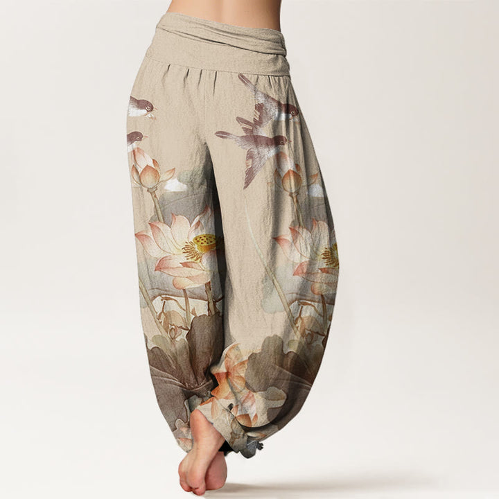 Pantalon harem d'été décontracté en coton à motif étang de lotus et Buddha Stones, taille élastique pour femme - image 9