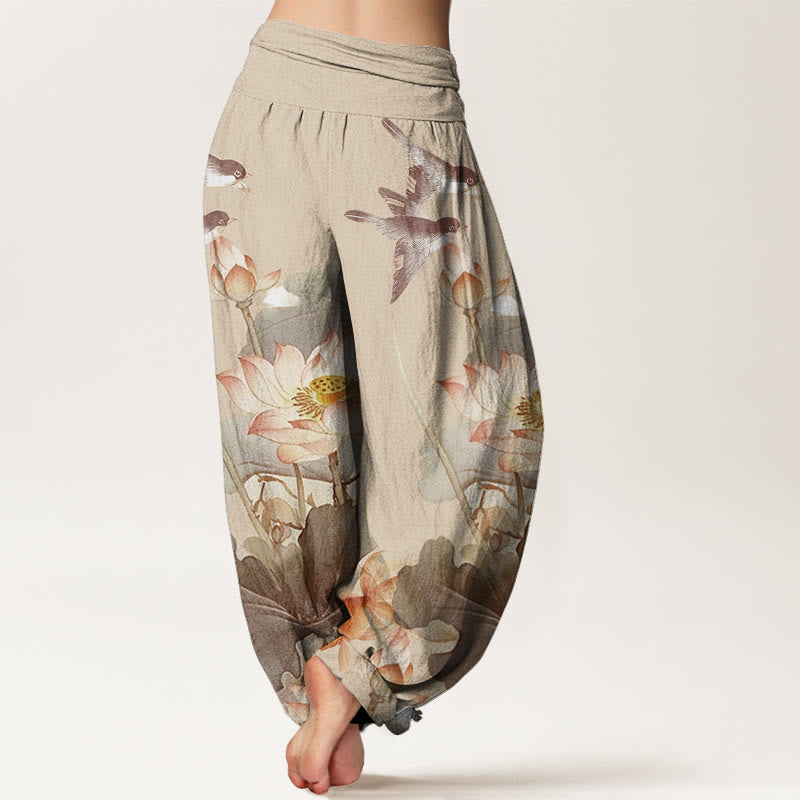 Pantalon harem d'été décontracté en coton à motif étang de lotus et Buddha Stones, taille élastique pour femme - image 9