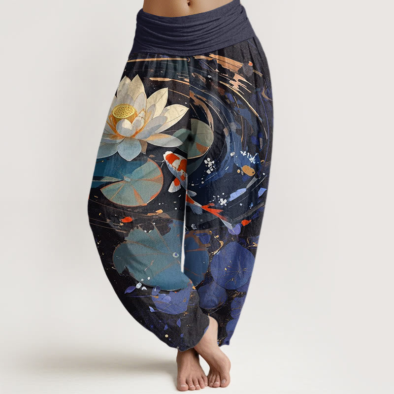 Pantalon Buddha Stones décontracté à taille élastique pour femme, motif lotus, étang, carpes koï, été - Bleu foncé - US22，UK/AU26，EU54 (6XL) - image 1