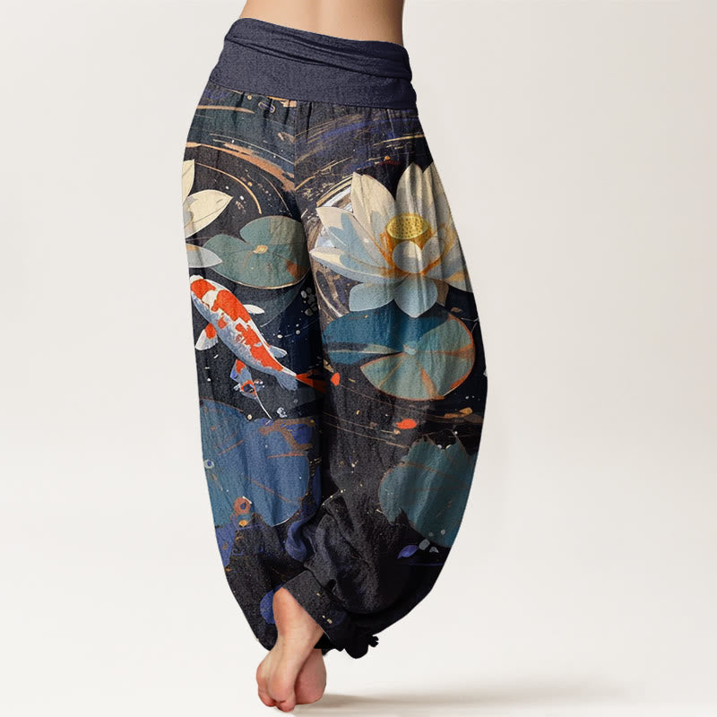 Pantalon Buddha Stones décontracté à taille élastique pour femme, motif lotus, étang, carpes koï, été - image 3