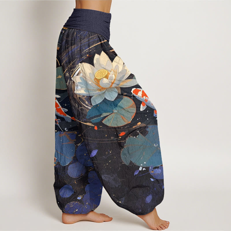 Pantalon Buddha Stones décontracté à taille élastique pour femme, motif lotus, étang, carpes koï, été - image 1