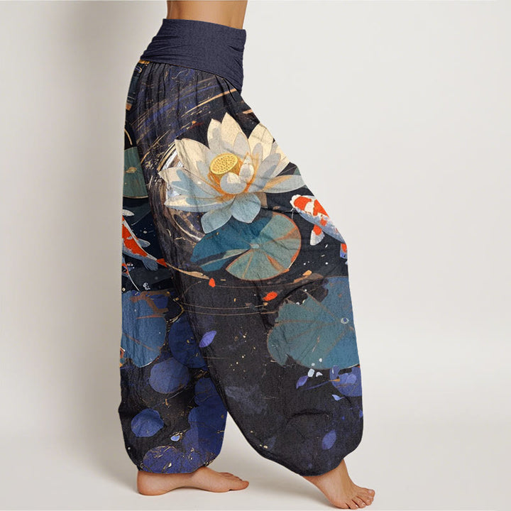 Pantalon Buddha Stones décontracté à taille élastique pour femme, motif lotus, étang, carpes koï, été - image 1