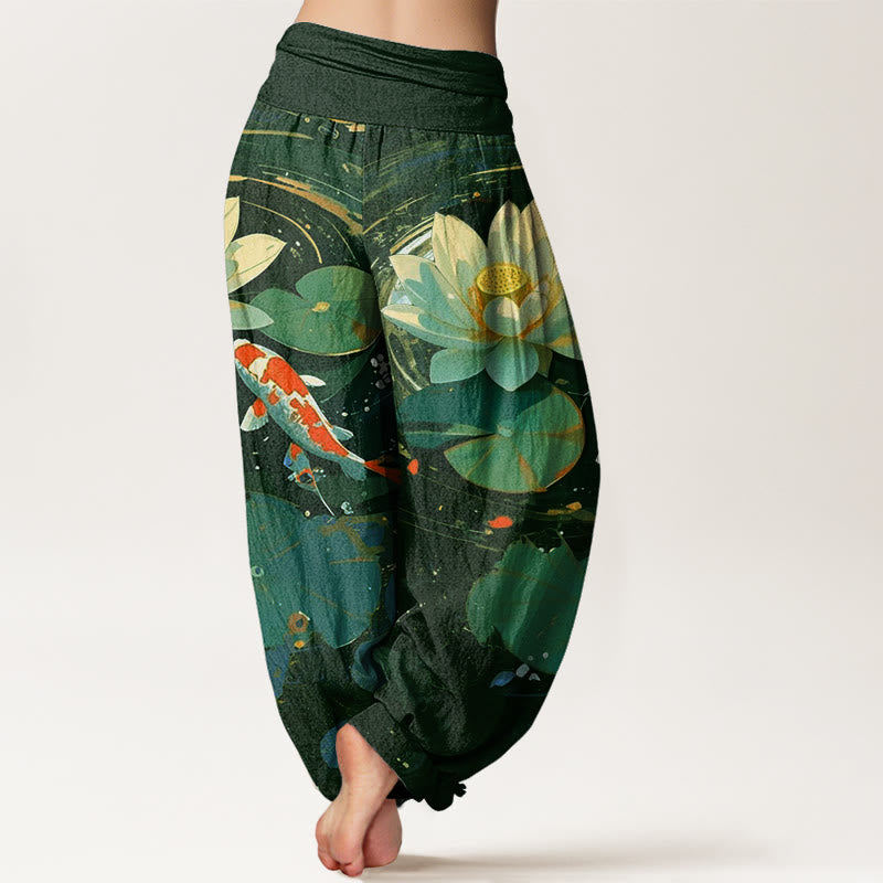 Pantalon Buddha Stones décontracté à taille élastique pour femme, motif lotus, étang, carpes koï, été - image 7