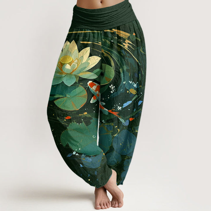 Pantalon Buddha Stones décontracté à taille élastique pour femme, motif lotus, étang, carpes koï, été - Vert foncé - US22，UK/AU26，EU54 (6XL) - image 4