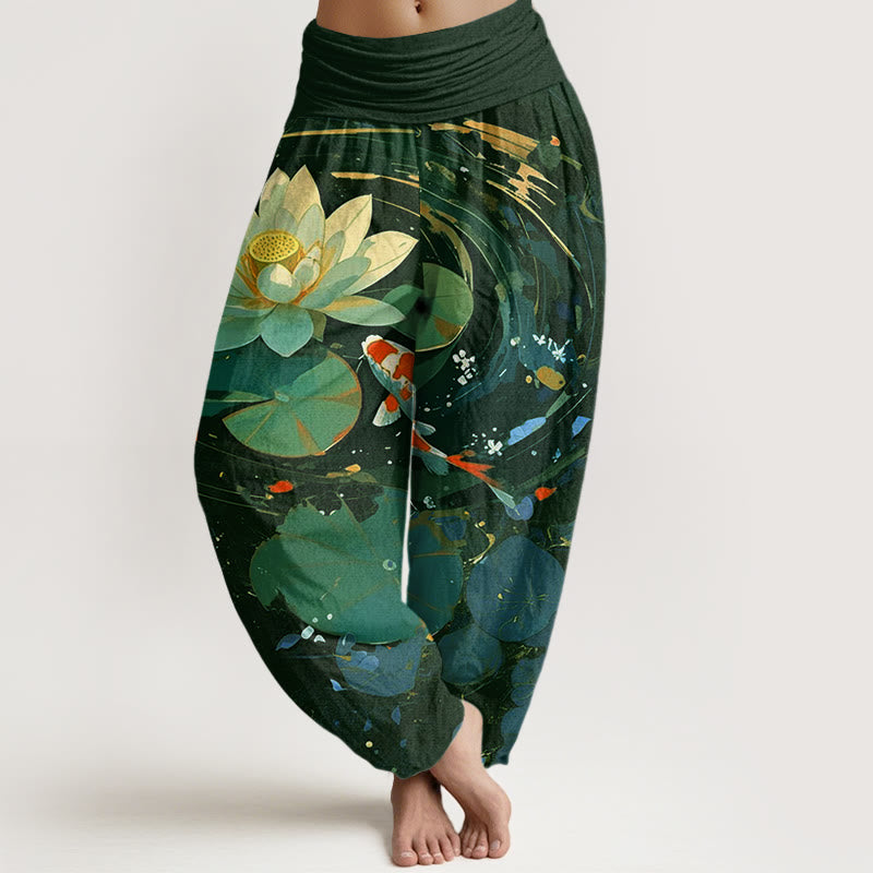 Pantalon harem d'été décontracté en coton à motif de Buddha Stones, étang de lotus et carpes koï, taille élastique pour femme - Vert foncé - US22，UK/AU26，EU54 (6XL) - image 4