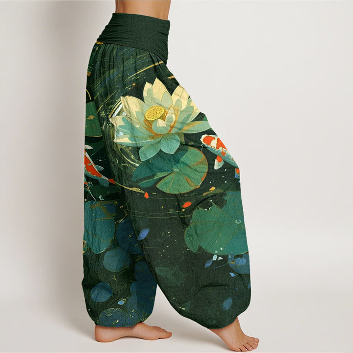 Pantalon harem d'été décontracté en coton à motif de Buddha Stones, étang de lotus et carpes koï, taille élastique pour femme - image 5