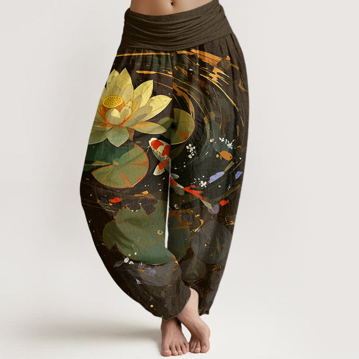 Pantalon Buddha Stones décontracté à taille élastique pour femme, motif lotus, étang, carpes koï, été - SaddleBrown - US22，UK/AU26，EU54 (6XL) - image 8