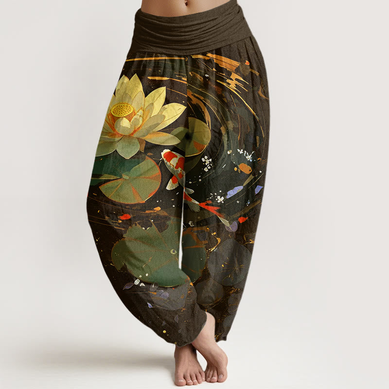 Pantalon Buddha Stones décontracté à taille élastique pour femme, motif lotus, étang, carpes koï, été - SaddleBrown - US22，UK/AU26，EU54 (6XL) - image 7