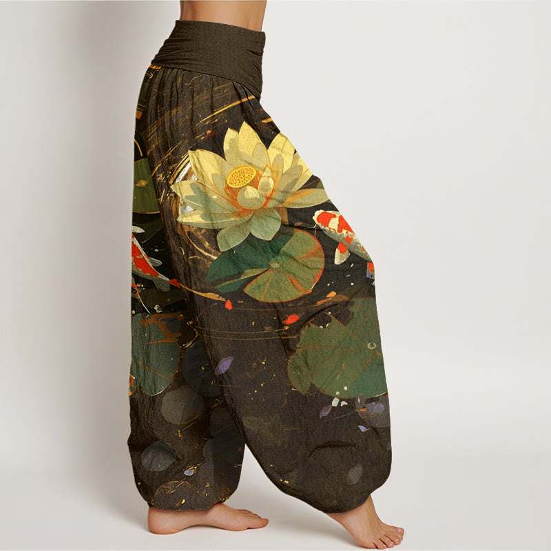 Pantalon Buddha Stones décontracté à taille élastique pour femme, motif lotus, étang, carpes koï, été - image 9