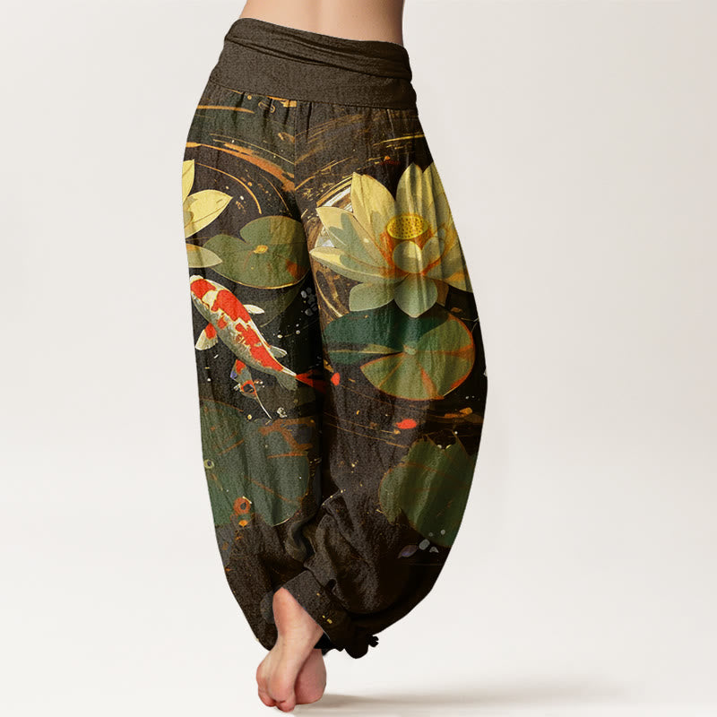 Pantalon Buddha Stones décontracté à taille élastique pour femme, motif lotus, étang, carpes koï, été - image 9