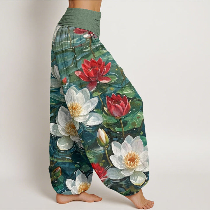 Pantalon sarouel décontracté à taille élastique pour femme avec motif de fleurs de lotus rouges et Buddha Stones - image 1