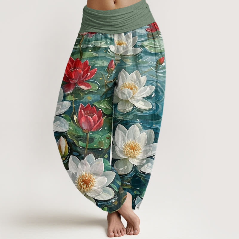 Pantalon harem à taille élastique pour femme, en coton décontracté à motif de lotus rouge épanoui et Buddha Stones - Vert forêt - US22，UK/AU26，EU54 (6XL) - image 0