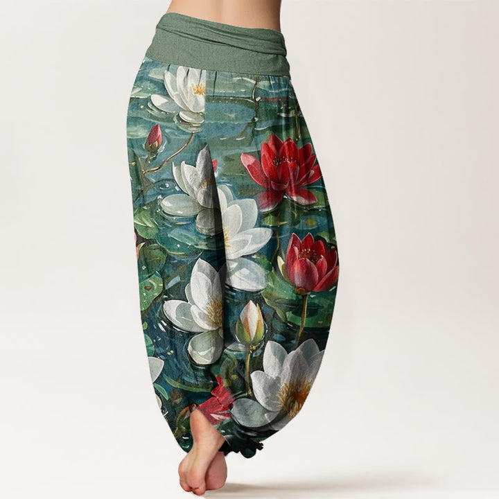 Pantalon sarouel décontracté à taille élastique pour femme avec motif de fleurs de lotus rouges et Buddha Stones - image 2