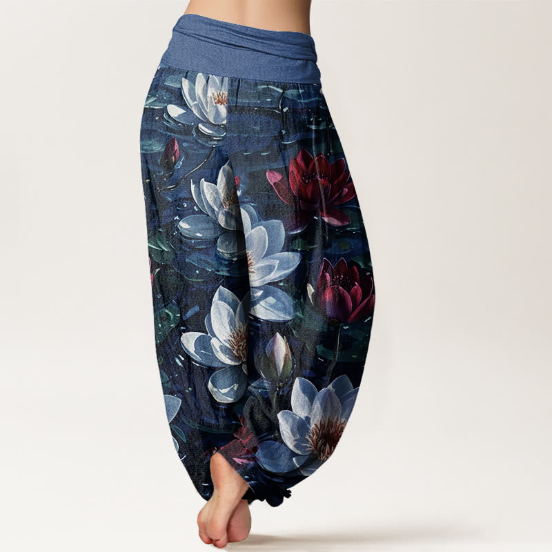 Pantalon sarouel décontracté à taille élastique pour femme avec motif de fleurs de lotus rouges et Buddha Stones - image 7
