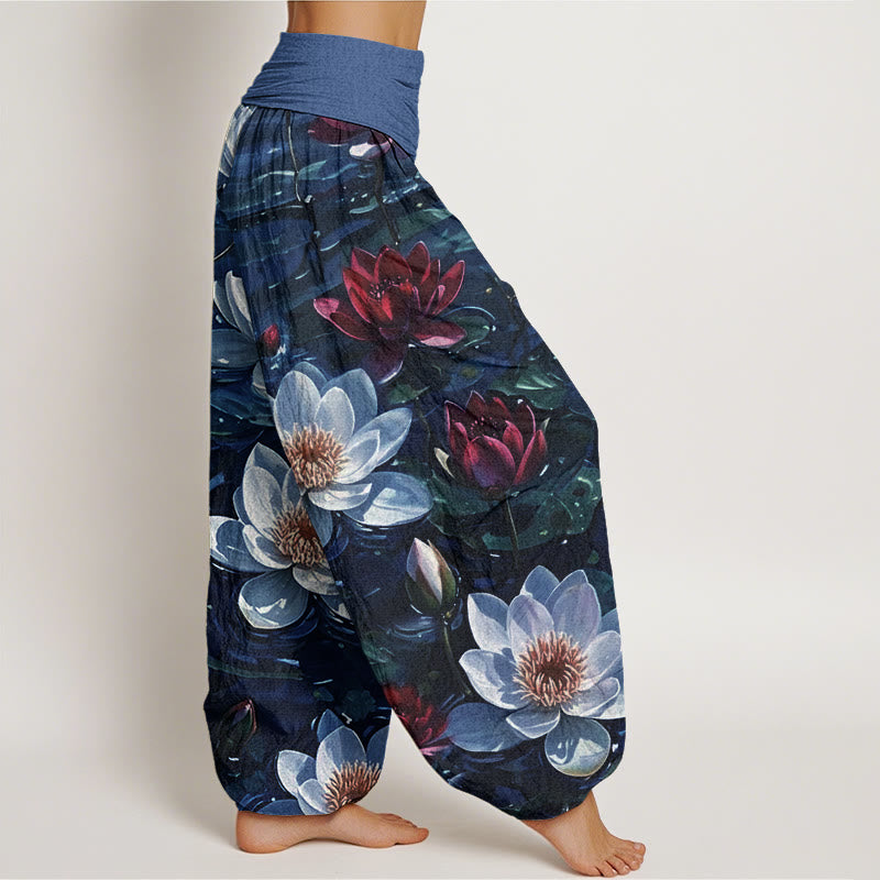 Pantalon harem à taille élastique pour femme, en coton décontracté à motif de lotus rouge épanoui et Buddha Stones - image 5