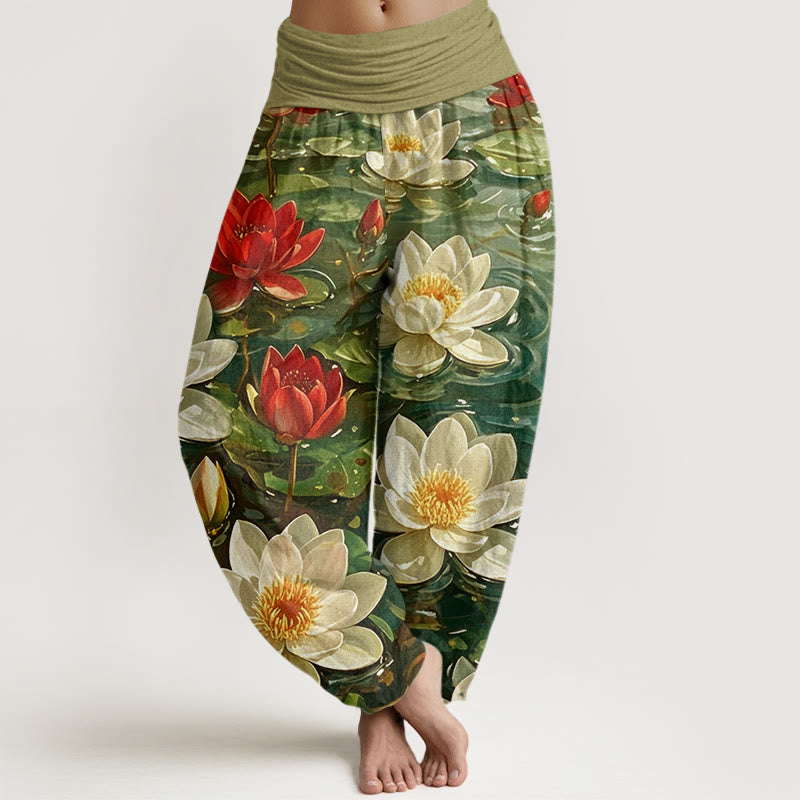 Pantalon sarouel décontracté à taille élastique pour femme avec motif de fleurs de lotus rouges et Buddha Stones - Olive - US22，UK/AU26，EU54 (6XL) - image 8