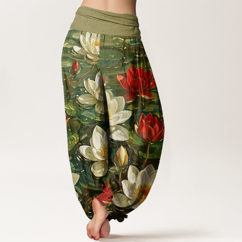 Pantalon harem à taille élastique pour femme, en coton décontracté à motif de lotus rouge épanoui et Buddha Stones - image 9