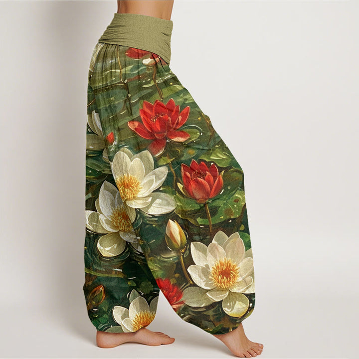 Pantalon sarouel décontracté à taille élastique pour femme avec motif de fleurs de lotus rouges et Buddha Stones - image 9