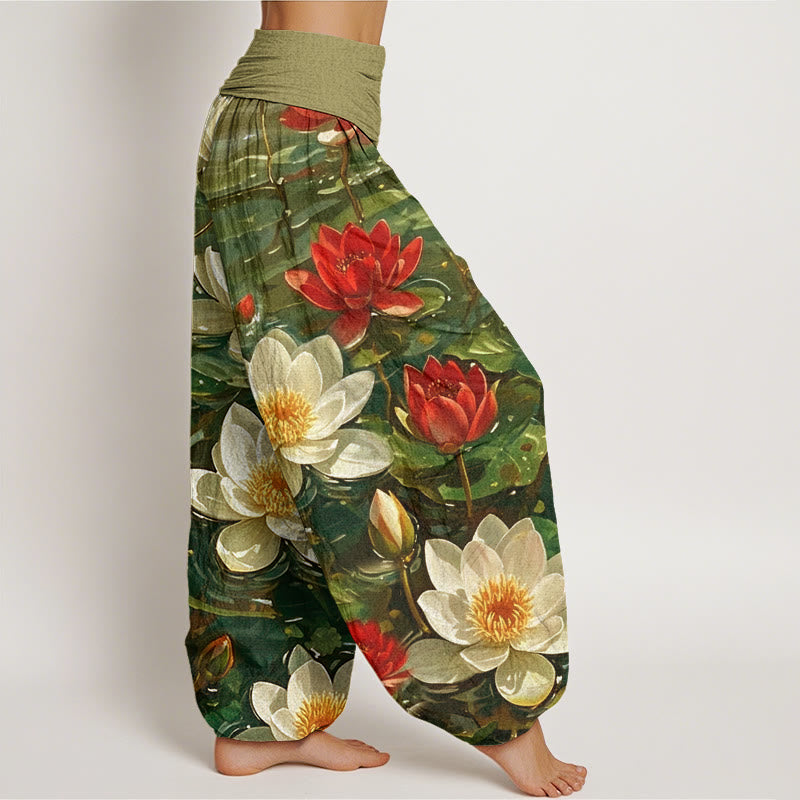 Pantalon harem à taille élastique pour femme, en coton décontracté à motif de lotus rouge épanoui et Buddha Stones - image 8