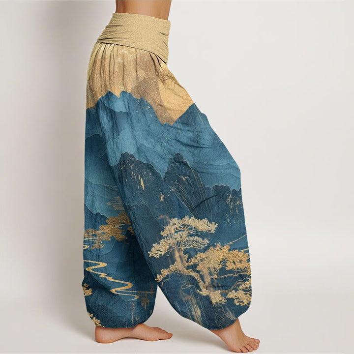 Pantalon harem femme en coton décontracté à motif de Buddha Stones, montagnes, arbres et branches, taille élastique - image 1