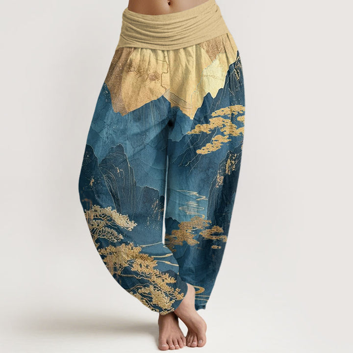 Pantalon harem femme en coton décontracté à motif de Buddha Stones, montagnes, arbres et branches, taille élastique - SteelBlue - US22，UK/AU26，EU54 (6XL) - image 0