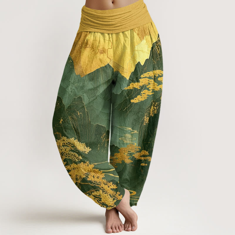 Pantalon harem femme en coton décontracté à motif de Buddha Stones, montagnes, arbres et branches, taille élastique - Vert - US22，UK/AU26，EU54 (6XL) - image 4