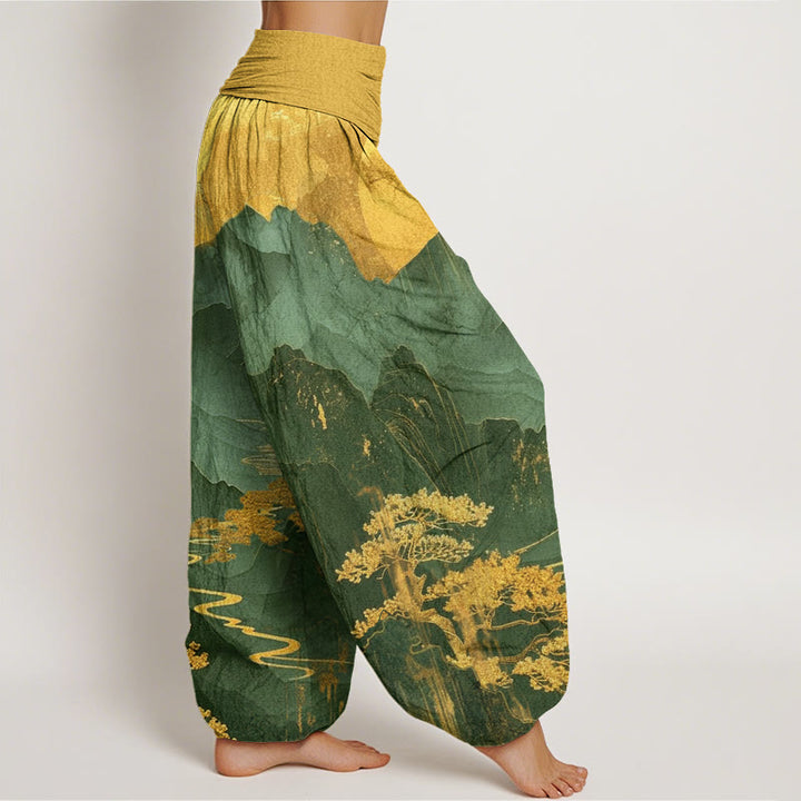 Pantalon harem femme en coton décontracté à motif de Buddha Stones, montagnes, arbres et branches, taille élastique - image 5