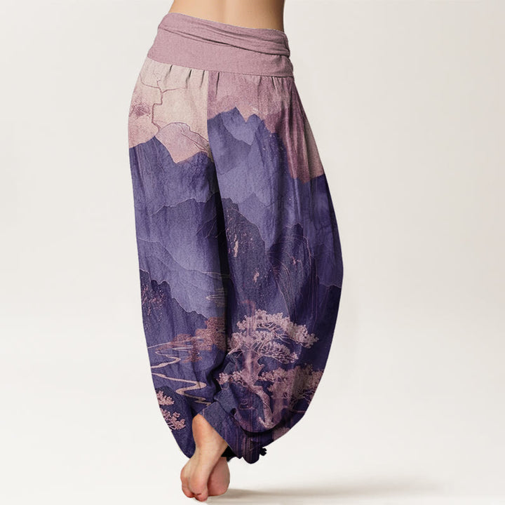 Pantalon harem femme en coton décontracté à motif de Buddha Stones, montagnes, arbres et branches, taille élastique - image 9