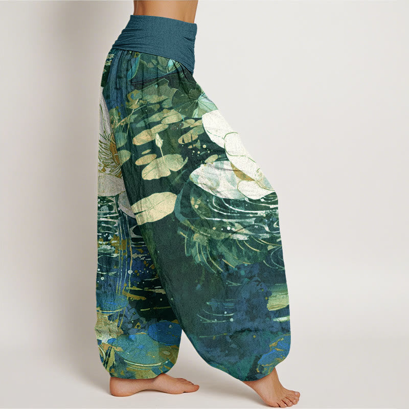 Pantalon sarouel décontracté à taille élastique pour femme avec motif de fleurs de lotus et Buddha Stones - image 1