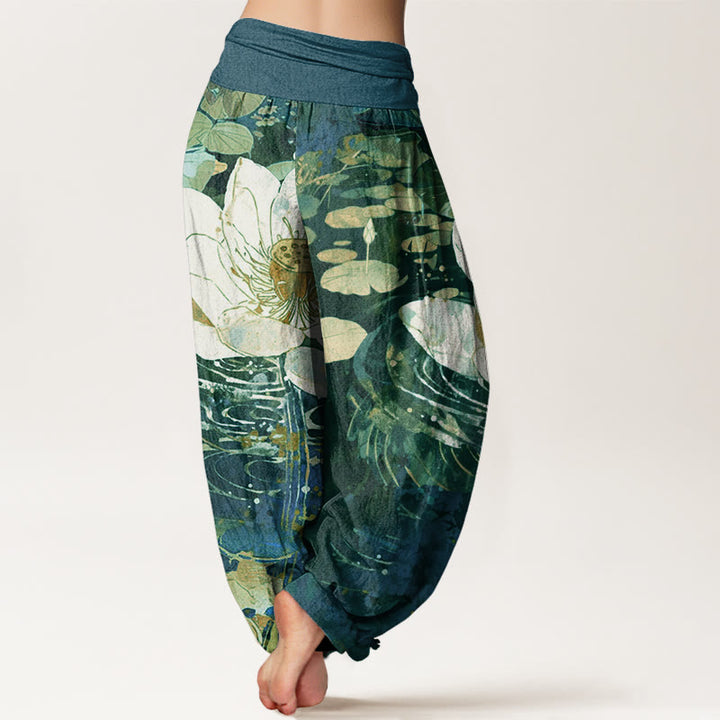 Pantalon sarouel décontracté à taille élastique pour femme avec motif de fleurs de lotus et Buddha Stones - image 3