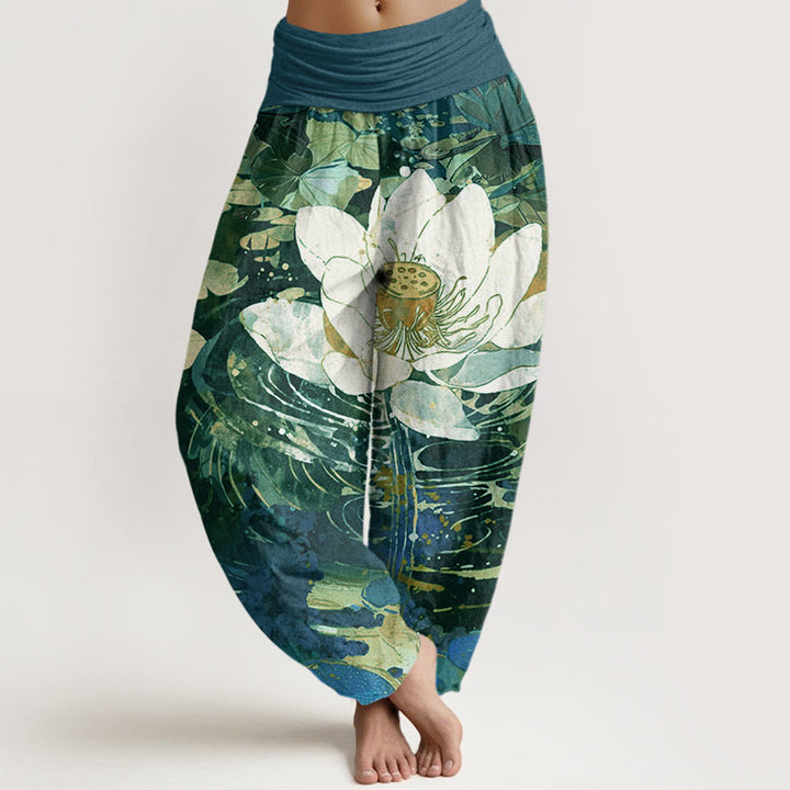 Pantalon sarouel décontracté à taille élastique pour femme avec motif de fleurs de lotus et Buddha Stones - Vert d'eau - US22，UK/AU26，EU54 (6XL) - image 0