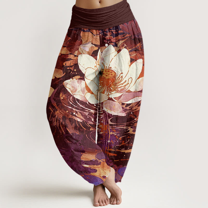 Pantalon sarouel décontracté à taille élastique pour femme avec motif de fleurs de lotus et Buddha Stones - Brun - US22，UK/AU26，EU54 (6XL) - image 4