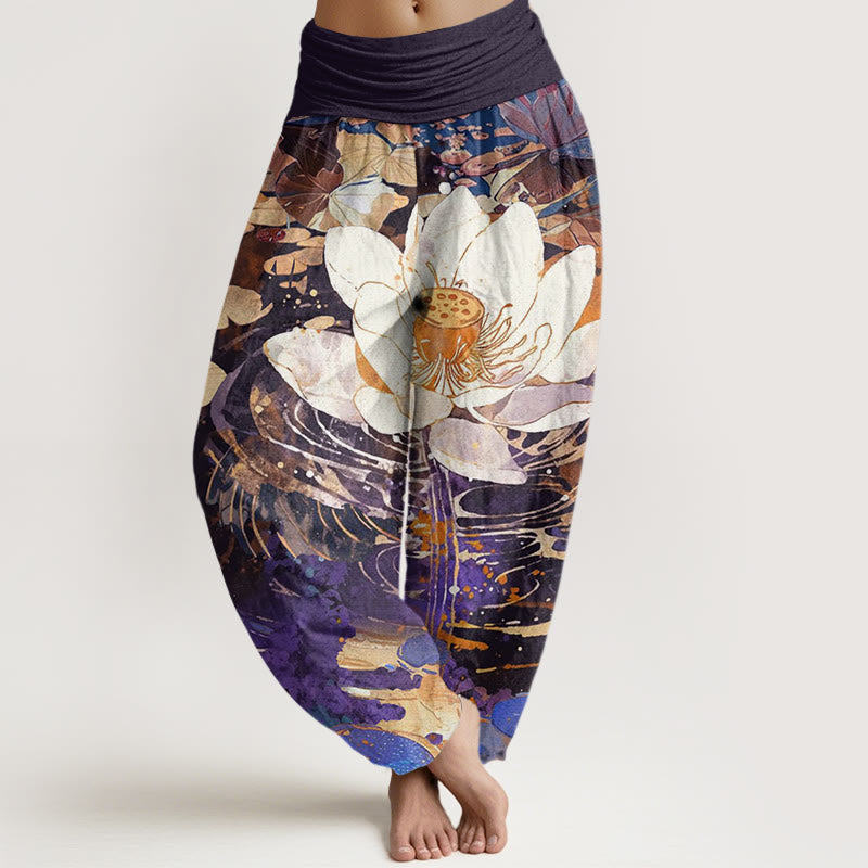 Pantalon sarouel décontracté à taille élastique pour femme avec motif de fleurs de lotus et Buddha Stones - Indigo - US22，UK/AU26，EU54 (6XL) - image 8