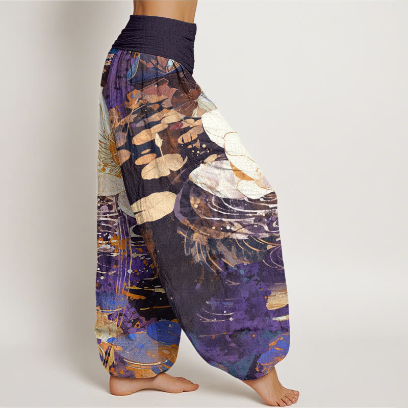 Pantalon sarouel décontracté à taille élastique pour femme avec motif de fleurs de lotus et Buddha Stones - image 9